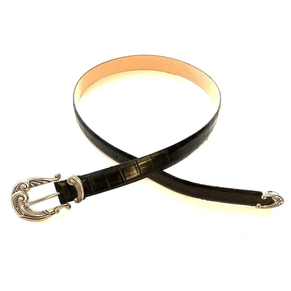 Womens Black Leather Croc Embossed Belt Size Small Silver Buckle